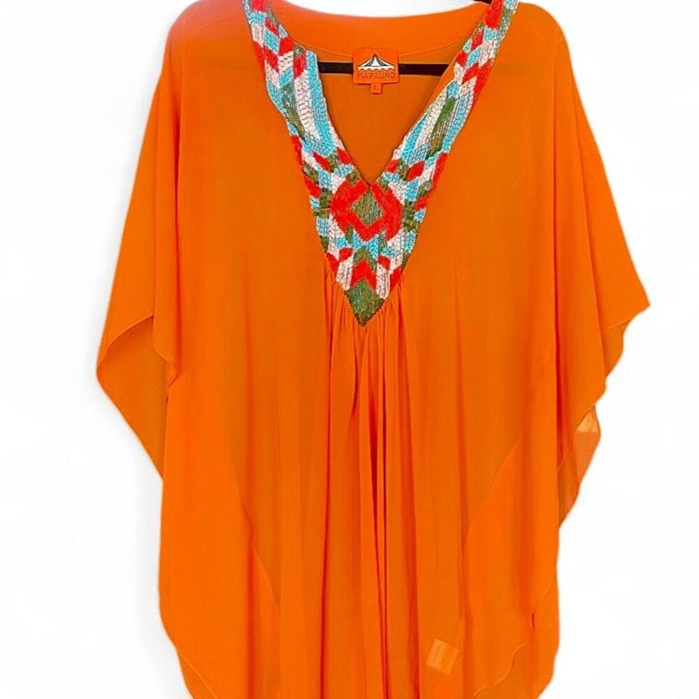 Pia Pauro Orange Beaded Sheer Caftan Dress L